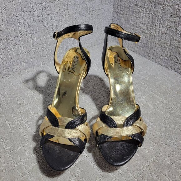 Michael Kors Heels Gold Black Leather Open Toe Buckle Ankle Strap Shoes Womens 8 - Picture 12 of 15